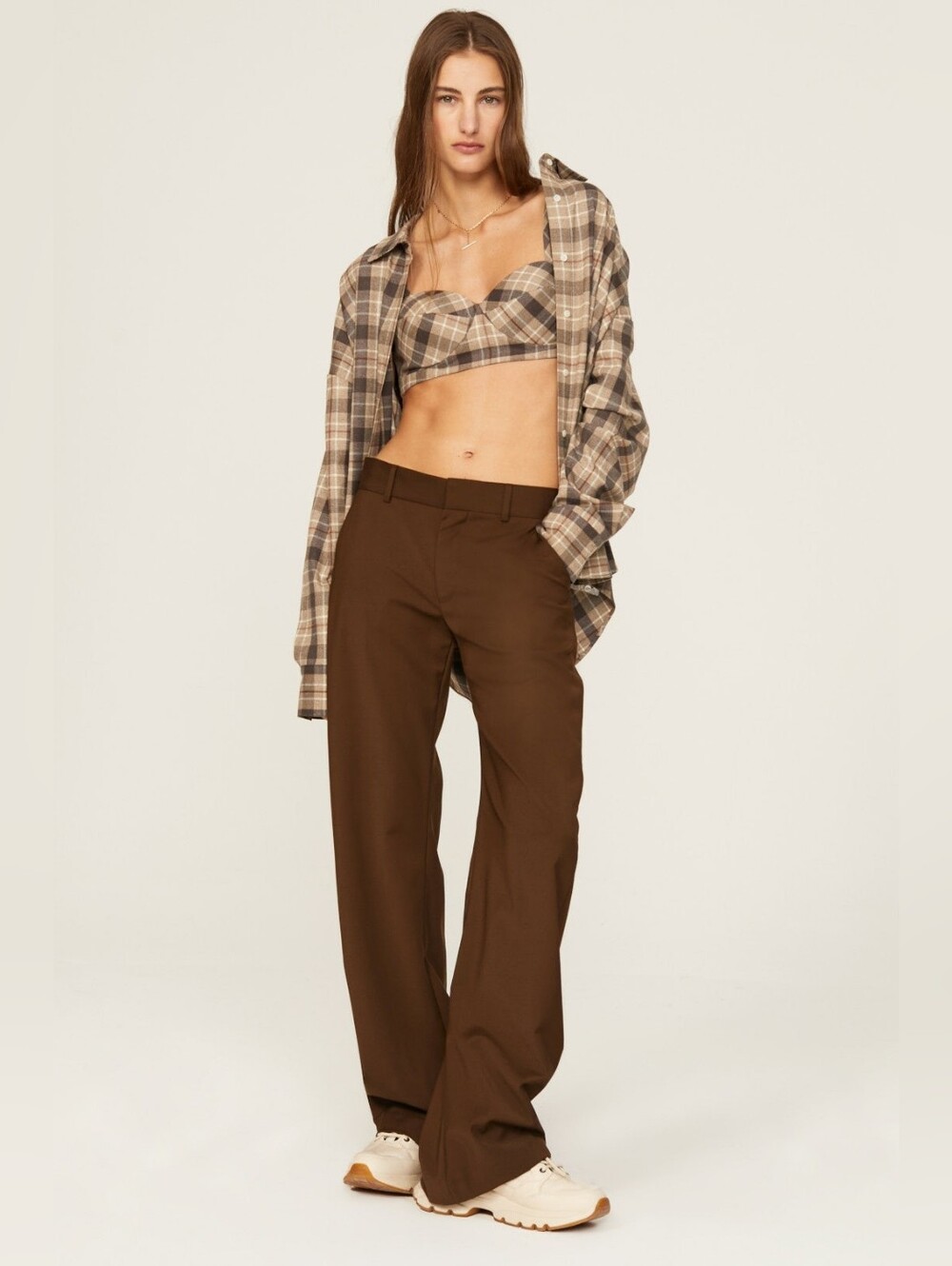 Favorite Daughter Ex Boyfriend Plaid Bustier Crop Top Brown Tan Large